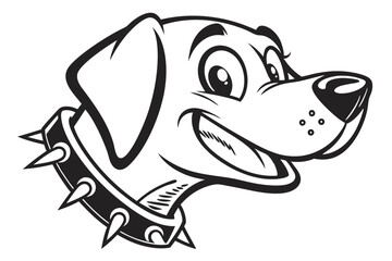 Cheerful cartoon dog with a spiked collar smirks, revealing its tongue in black and white