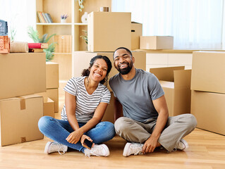 Portrait of a young couple unpacking, moving in and relocation to a new apartment, happy young...