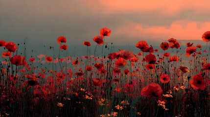 field of red poppies at sunset rememberance day generative ai image .