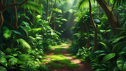 Lush tropical rainforest with vibrant foliage and sun rays filtering through trees