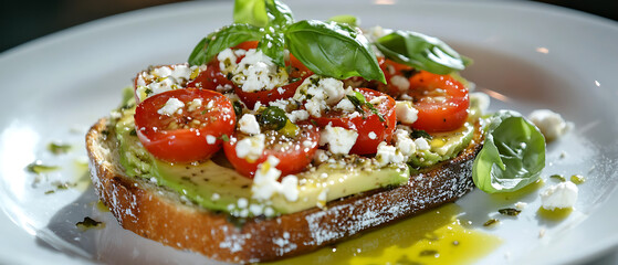 Avocado Toast Topped with Cherry Tomatoes, Feta Cheese, and Fresh Basil