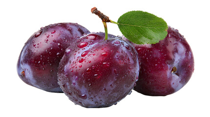 Three juicy plums with water droplets and a leaf