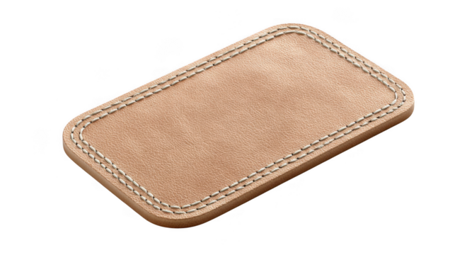 Beige leather label with white stitching isolated on transparent background