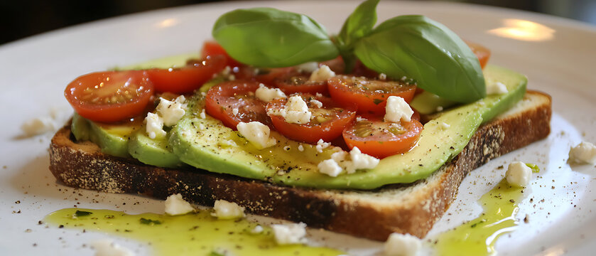 Avocado Toast Topped with Cherry Tomatoes, Feta Cheese, and Fresh Basil