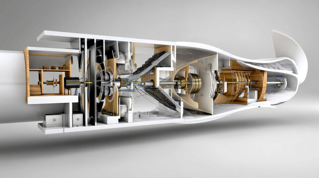 Cross-section view of wind turbine internals, technical and educational style