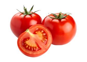 Ripe tomatoes, whole and sliced isolated on transparent background