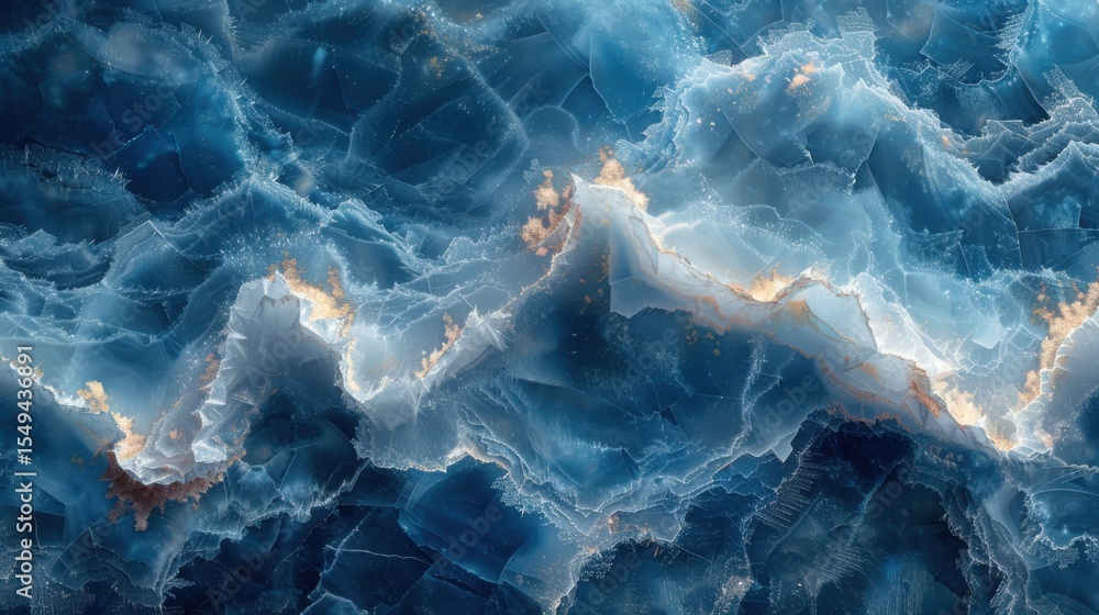 Poster a mesmerizing abstract image showcasing waves of blue and gold, representing fluidity and depth, per