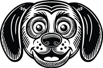 Cheerful puppy face illustration features expressive eyes and a happy smile in black and white