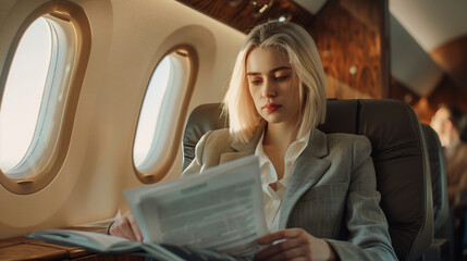 Work on an airplane, a beautiful woman a businessman works on documents, on a business trip. Business. Business trip