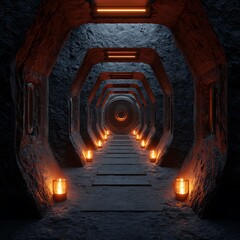Futuristic space habitat design concept. Dark cave tunnel with glowing torches illuminating the pathway. .