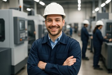 A confident European male worker in a white hard hat and dark blue work jacket stands smiling with arms crossed in a modern manufacturing facility