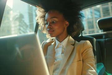 Work in a car, a beautiful woman a businessman works on documents, on a business trip. Business. Business trip. Work on a laptop