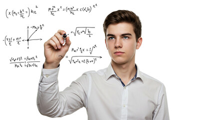 Man writing physics equations on transparent interactive whiteboard