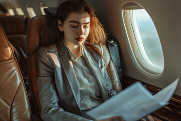 Work on an airplane, a beautiful woman a businessman works on documents, on a business trip. Business. Business trip