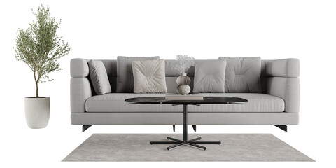 Modern gray sofa with cushions, black marble coffee table, olive tree and rug isolated on...