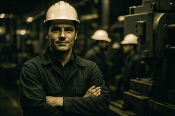 A confident European male worker in a white hard hat and dark blue work jacket stands smiling with arms crossed in a modern manufacturing facility