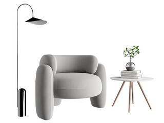 Minimalist lounge chair with books and plant on round table, isolated on transparent wall – Close-up PNG interior mockup