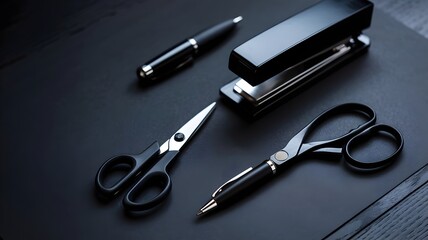 Black Office Supplies on Wooden Surface with Dark Background