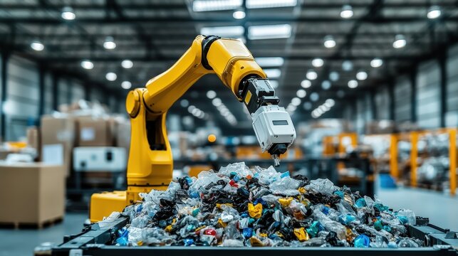 A yellow robotic arm sorts through a pile of mixed plastic waste in a brightly lit industrial recycling facility.