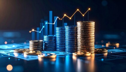 3D-style glowing financial dashboard with paper currency, pie charts, and line graphs showing company growth, isolated on dark background