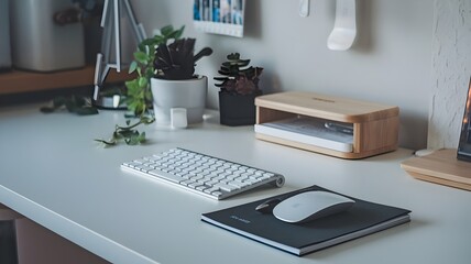 Organized Light Desk with Keyboard and Notepad in Center