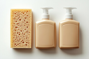 Top view of sponge next to a light detergent bottles in beige colors with blank labels on a light background. Commercial use. Minimalist flat lays.