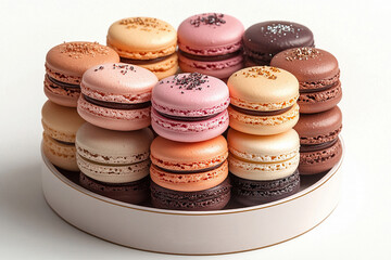 Elegance food marketing. Pastel colored macaron tower in box with soft lighting. Trending aesthetics. 