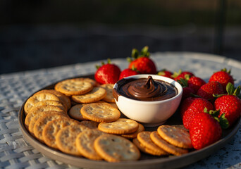 delicious platter of crackers and strawberries with rich chocolate dip served on a sunny outdoor table, perfect for snacking or entertaining guests