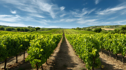Naklejka premium Serene vineyard landscape with rows of grapevines reaching towards a distant horizon under a vibrant blue sky