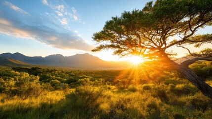 Fototapeta premium A stunning view of the sun setting behind majestic mountains, framed by vibrant flora, capturing the essence of serenity and the beauty of nature's unfolding landscapes.