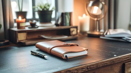Rustic Wooden Desk with Leather Notebook and Books