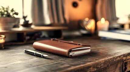 Warm Workspace with Notebook and Fountain Pen on Rustic Desk

