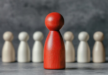 A red wooden figure stands out from a group of neutral figures