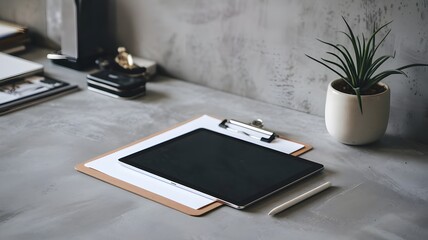 Stylish Workspace with Tablet, Stylus, and Plant on Concrete Desk