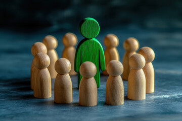A single green figure surrounded by a group of light-brown figures