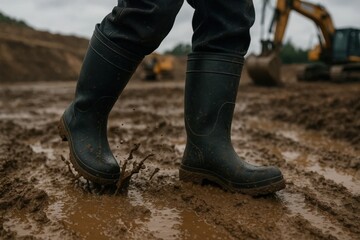 Close-up of black rubber boots worn by a worker walking through muddy ground at a construction site