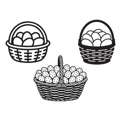 Fototapeta premium Three Blackand White Wicker Baskets Filled with Eggs Simple Line Art Graphic vector
