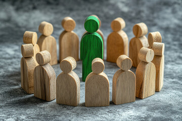 A single green wooden figure surrounded by a circle of light brown wooden figures
