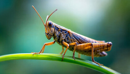 vibrant, high detail, macro, close-up, colorful grasshopper on leaf
