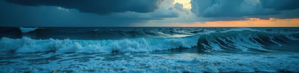 Naklejka premium Dark, stormy ocean waves rolling in, dramatic sky, rough, foam