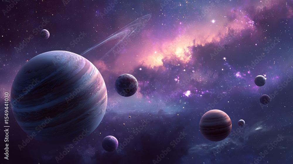 Wall mural image of planets in outer space against the background of stars and nebulae. deep space travel. illu