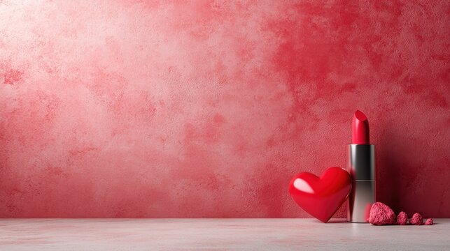 A vibrant red lipstick stands proudly next to a glossy heart shape on a textured pink background, evoking feelings of love, beauty, and self-expression in cosmetics. - Powered by Adobe
