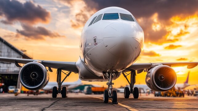 Commercial airplane parked on the runway during sunset with a vibrant sky