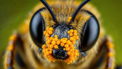 detailed macro photo of a furry honey bee's face, extremely close up