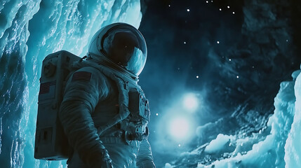 Astronaut Exploring an Icy, Starlit Cave