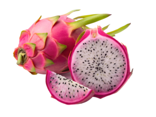 Pink dragon fruit slices and whole fruit isolated on transparent background