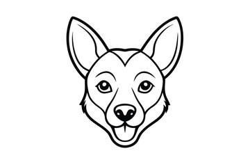 Line art presents a simplified dog face with a friendly expression and pointy ears