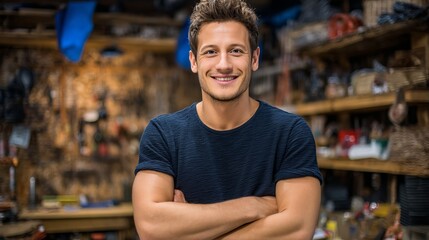 Fototapeta premium A young man with a friendly smile stands confidently in a barbershop setting