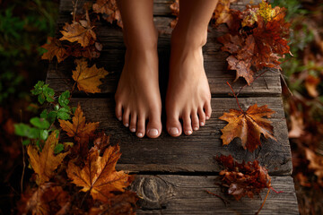 Close-up of bare feet on a wooden boardwalk with autumn leaves