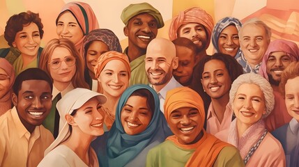 Diverse group of smiling people, representing unity and cultural harmony in a painted style